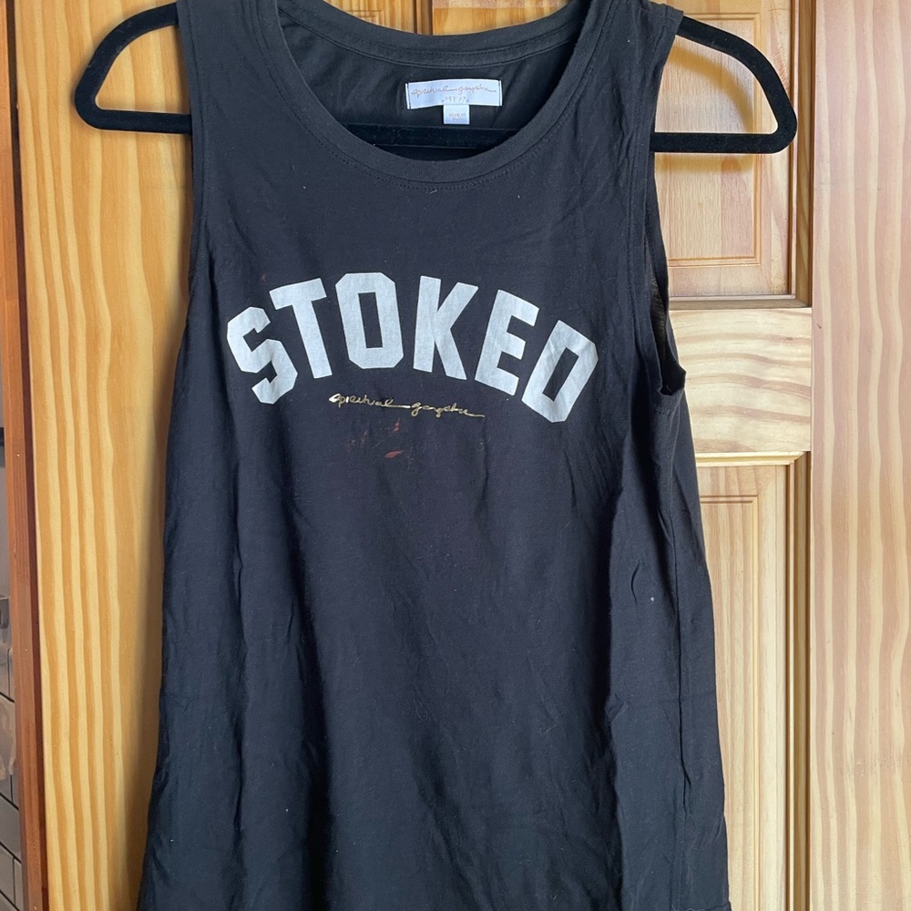 “Stoked” tank from spiritual Gangster -distress detail
